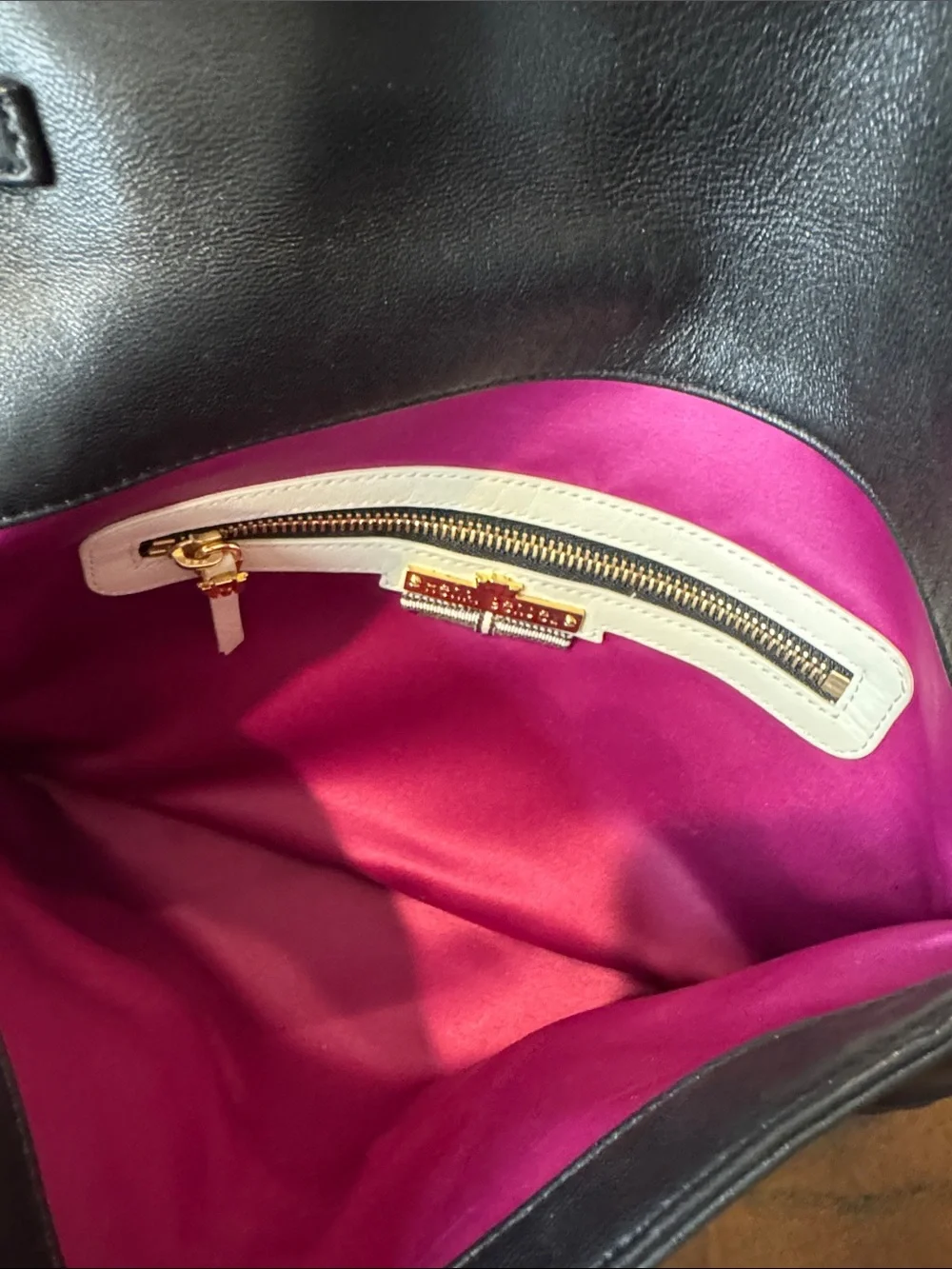 henri bendel Black Leather Fold-Over Clutch with Gold Chain